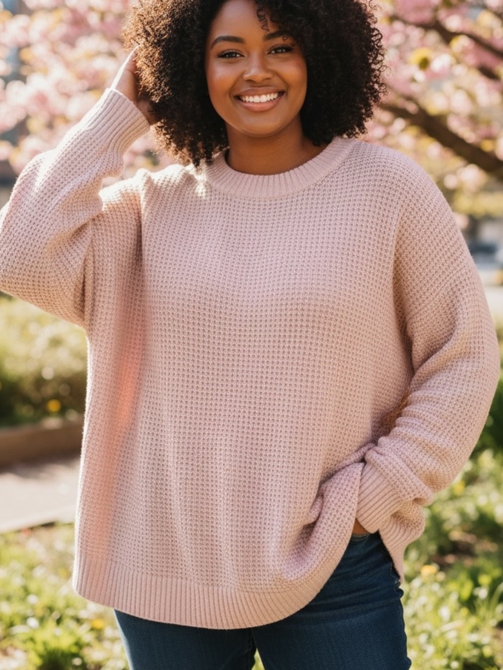 American Eagle Outfitters women’s Light Pink waffle Crewneck sweater